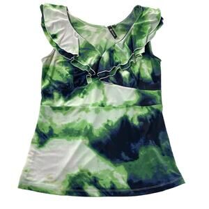 MILANO Women’s Top Shirt Blouse Size Medium Multi-color Modern Print Green Blue